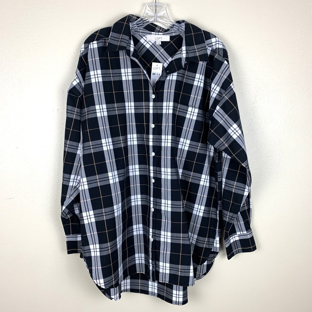 Loft Plaid Button Up Tunic Shirt NEW Black White Size L Oversized Tartan Fall